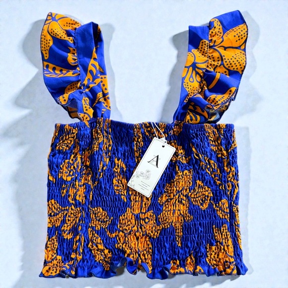 New Blue Orange Tropical Floral Smocked Crop Top Wide Leg Pants Set FY-3276 L/XL - Picture 5 of 14